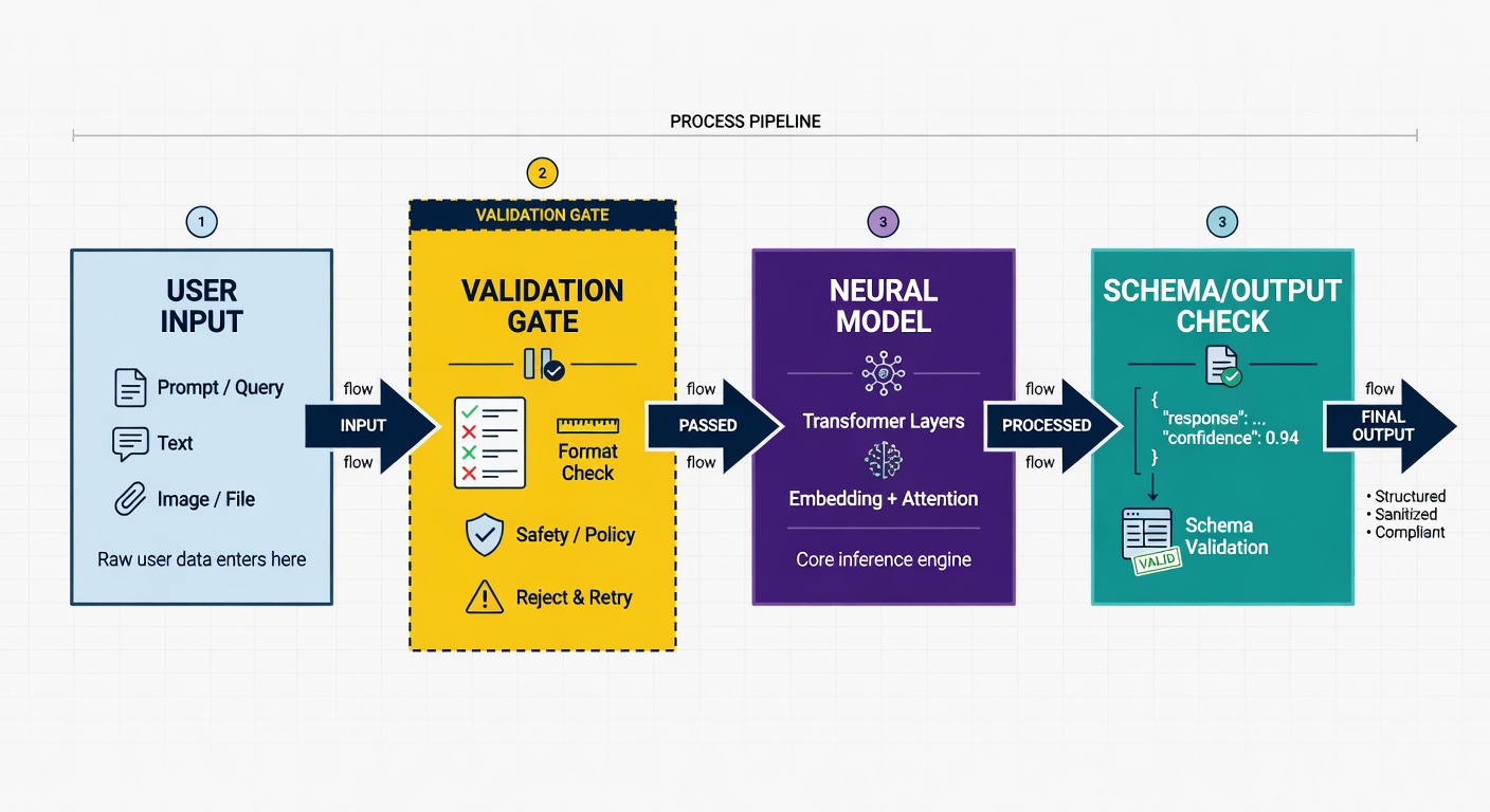 Technical diagram showing the flow of data through input validation, the neural model, and output sanitization.