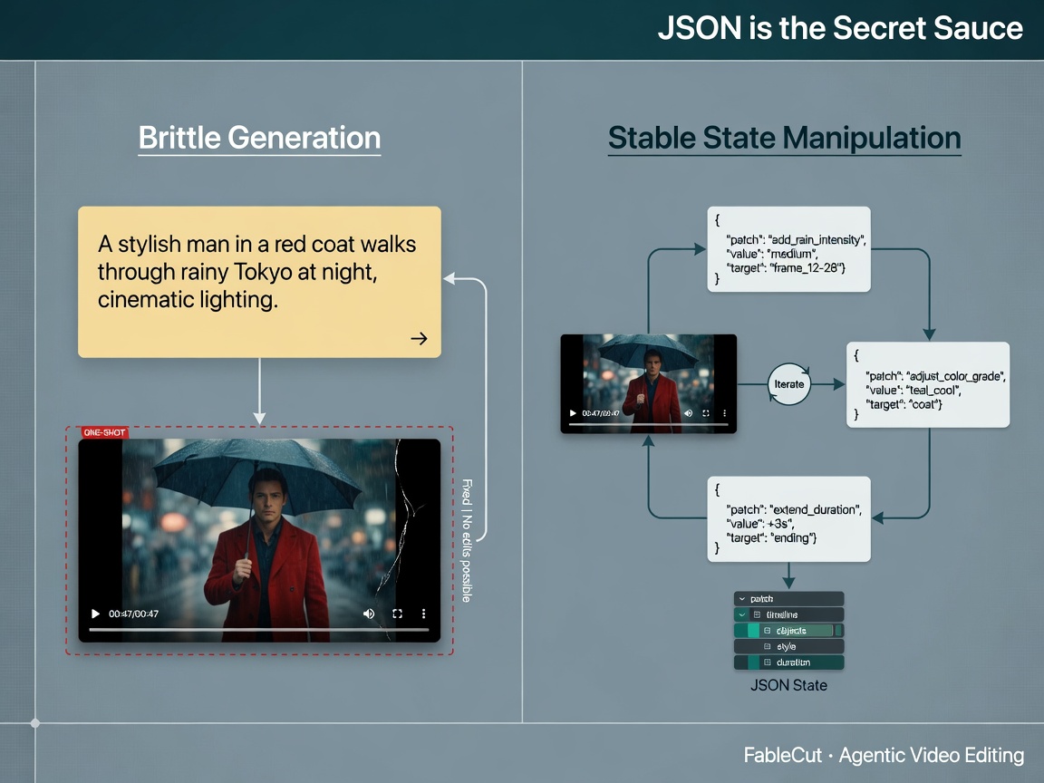 closing highlight visual for FableCut: Why JSON is the Secret Sauce for Agentic Video Editing