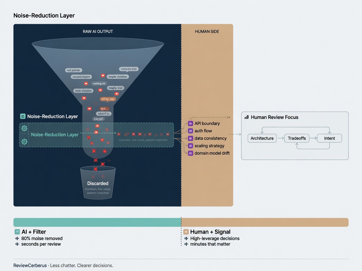 closing highlight visual for ReviewCerberus: Moving Beyond the "Chatty" AI Code Review