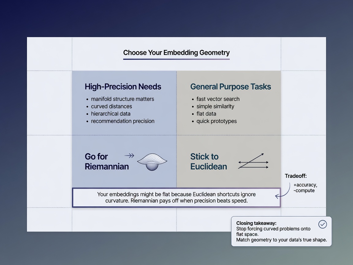 closing highlight visual for Riemannian Geometry vs. Euclidean Shortcuts: Why Your Embeddings Might Be Flat