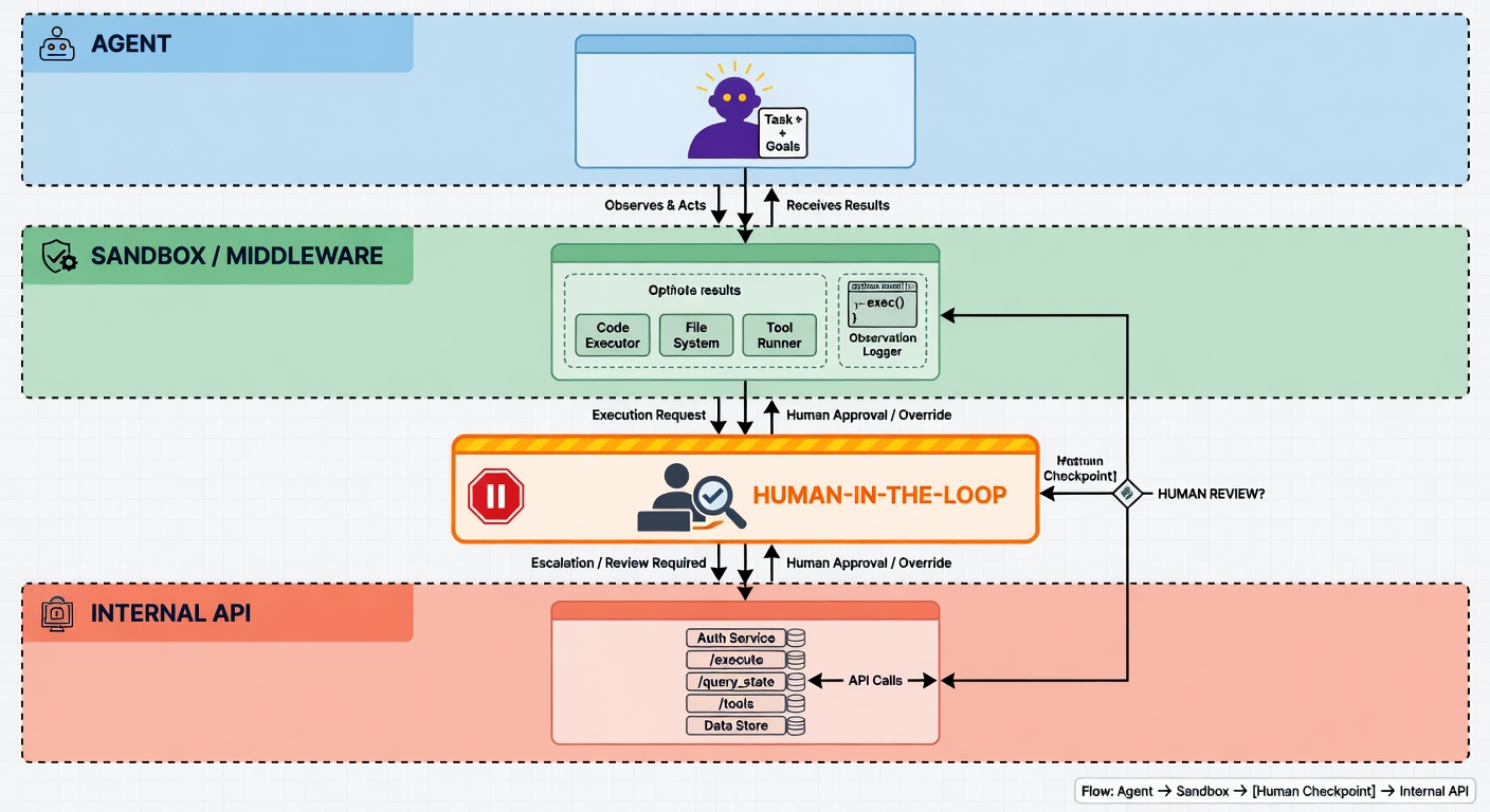 Diagram showing the flow of data from an AI agent through a sandbox layer to internal APIs, with a manual human approval gate.