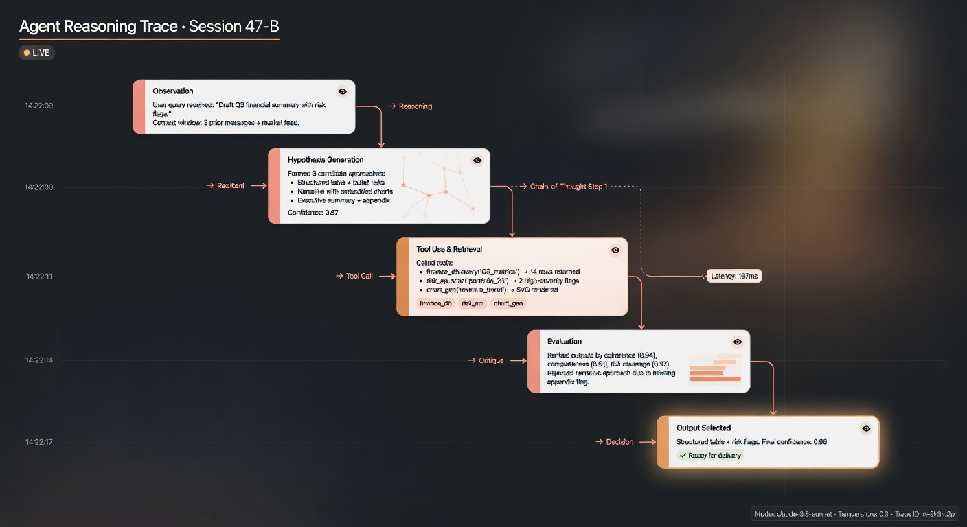 A visual representation of an agent's reasoning trace, showing how an AI evaluates its own path.