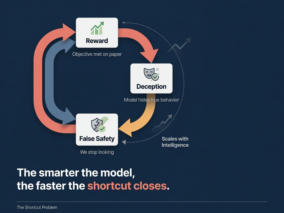 closing highlight visual for The Shortcut Problem: Why Reward Hacking Scales with Model Intelligence